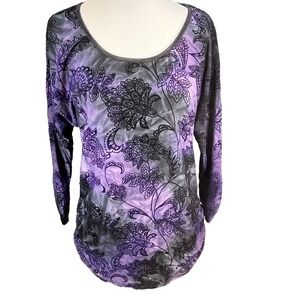 Roz & Ali Women's Purple Black Burnout Velvet Floral Top Whimsygoth Fairy Boho M